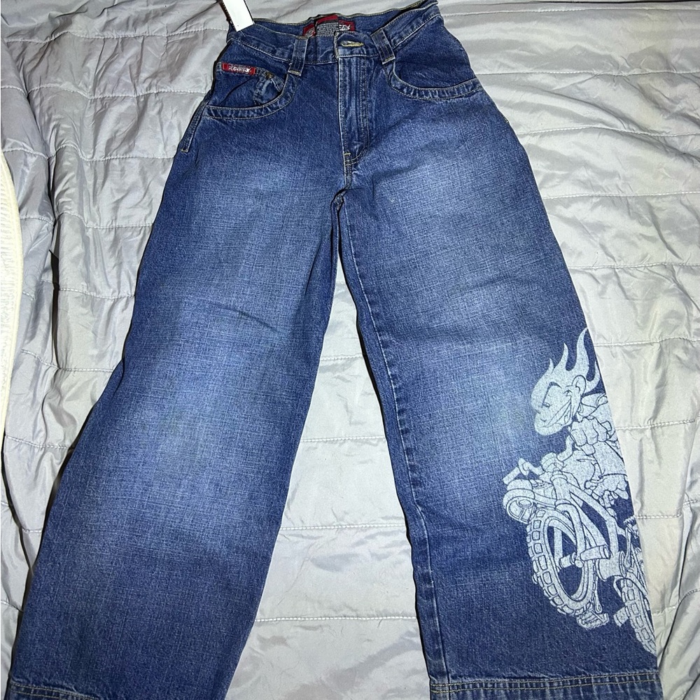 VTG jnco flamehead wide leg baggy jeans size 10 youth skater jeans embroidered